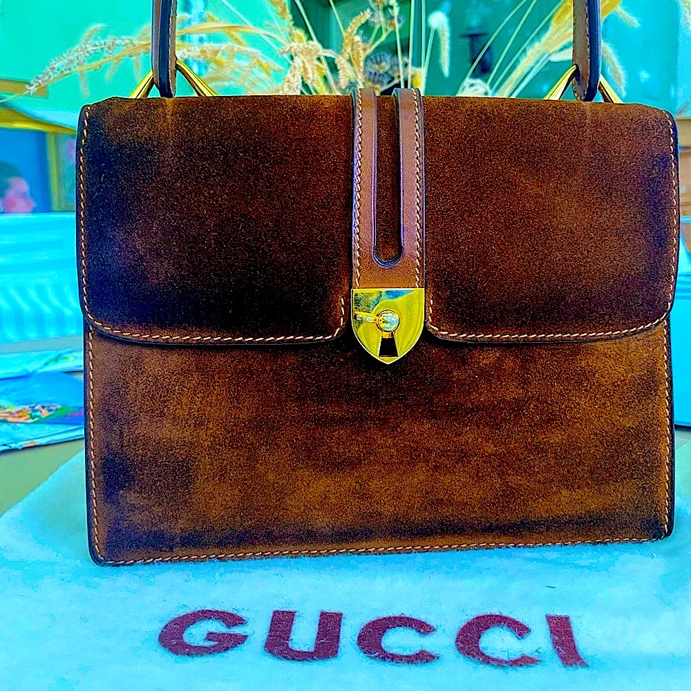 Gucci handbag brown suede and leather vintage Authenticated